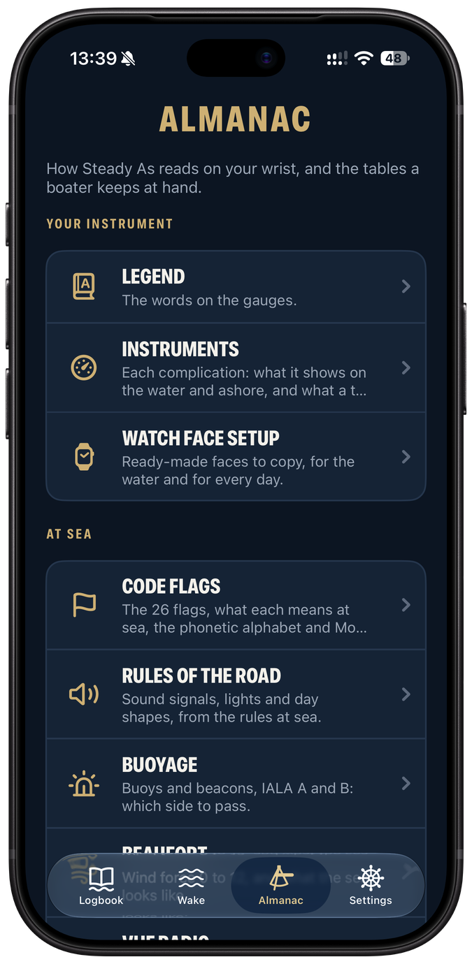 The Almanac menu in Steady As on iPhone: Your instrument and At sea