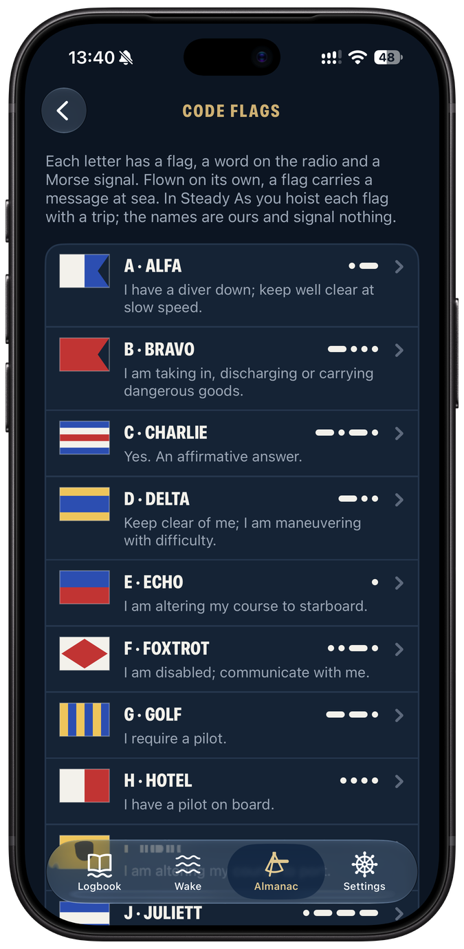 Code flags in the Steady As Almanac on iPhone